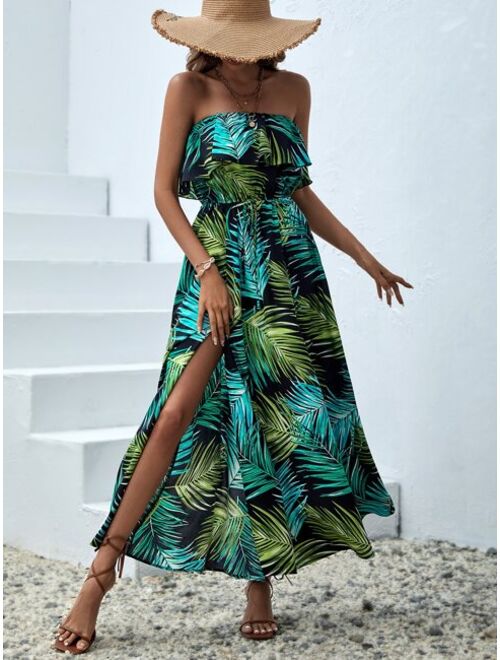 SHEIN VCAY Tropical Print Split Thigh Tube Dress