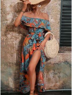 Tropical Print Off Shoulder Ruffle Trim Split Thigh Belted Dress