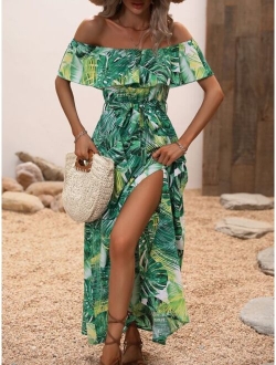 Tropical Print Off Shoulder Ruffle Trim Split Thigh Belted Dress