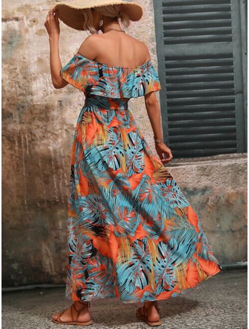 Shein Tropical Print Off Shoulder Ruffle Trim Split Thigh Belted Dress
