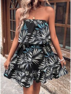 Tropical Print Ruffle Hem Tube Dress