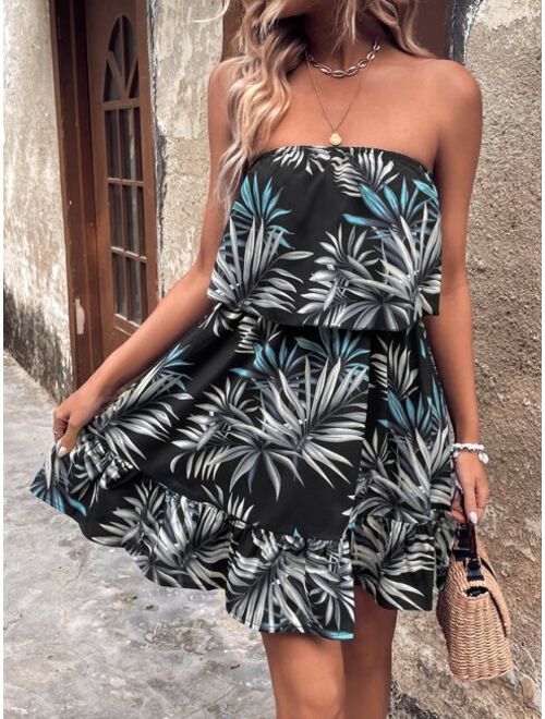 Shein Tropical Print Ruffle Hem Tube Dress