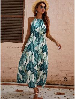 Tropical Print Tie Front Halter Dress