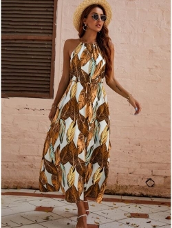 Tropical Print Tie Front Halter Dress