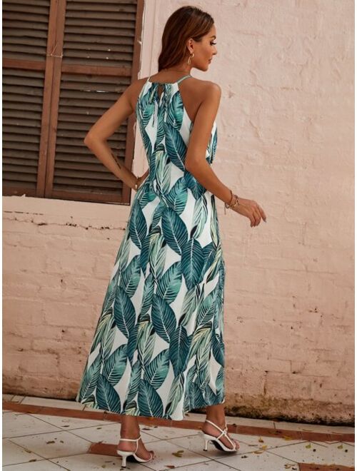 Shein Tropical Print Tie Front Halter Dress