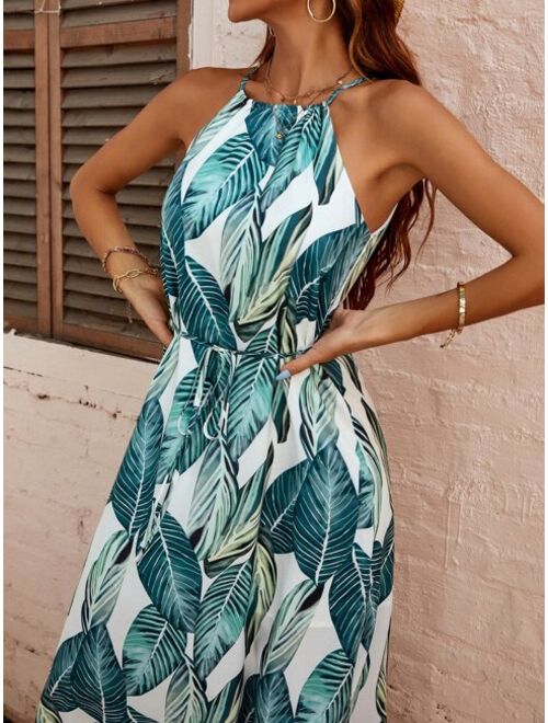 Shein Tropical Print Tie Front Halter Dress
