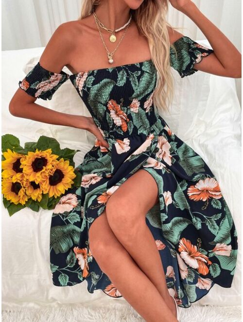 Shein Tropical Print Shirred Bardot Wrap Dress