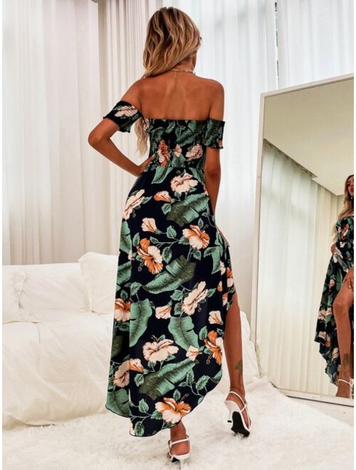 Shein Tropical Print Shirred Bardot Wrap Dress