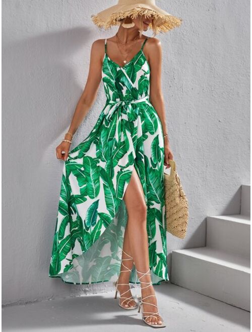 SHEIN VCAY Tropical Print Belted Cami Dress