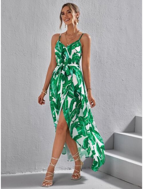 SHEIN VCAY Tropical Print Belted Cami Dress