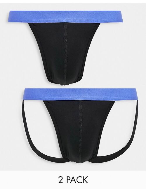 ASOS DESIGN 2 pack thong and jock strap in black with contrast blue waistband