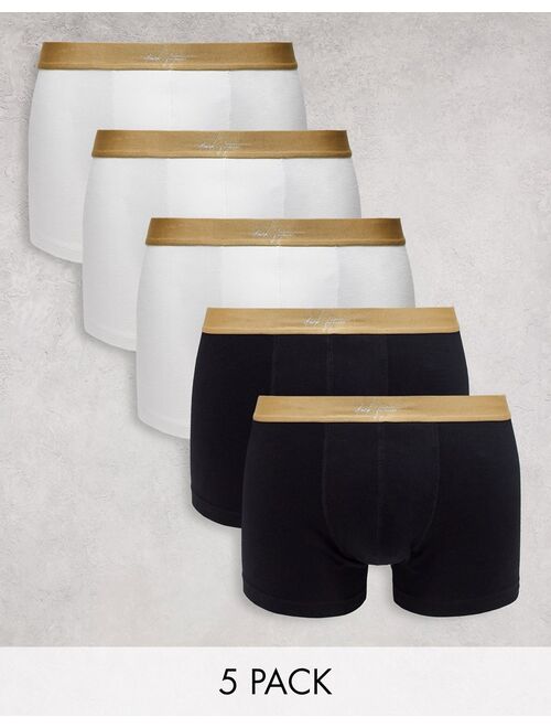 ASOS DESIGN 5-pack jersey trunks in black and white with gold Dark Future waistband