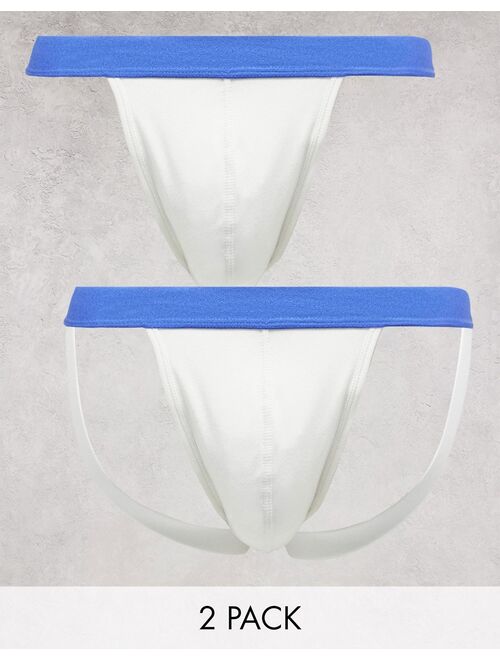 ASOS DESIGN 2 pack with thong and jock in white with contrast blue waistband