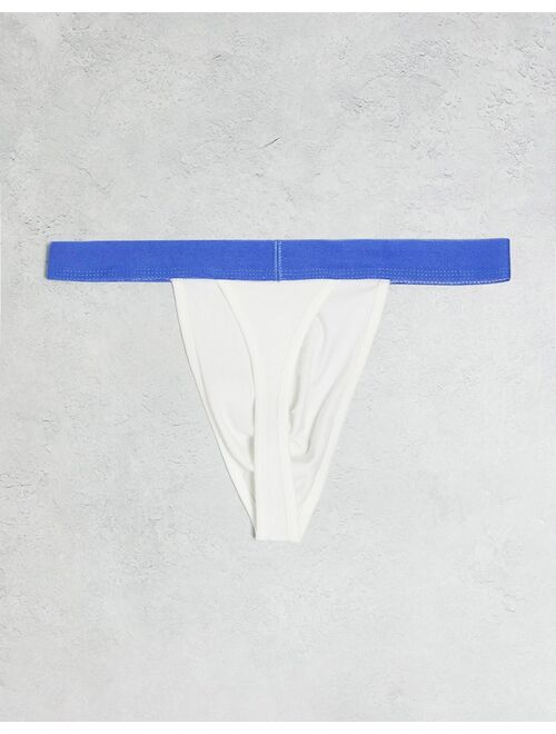 ASOS DESIGN 2 pack with thong and jock in white with contrast blue waistband