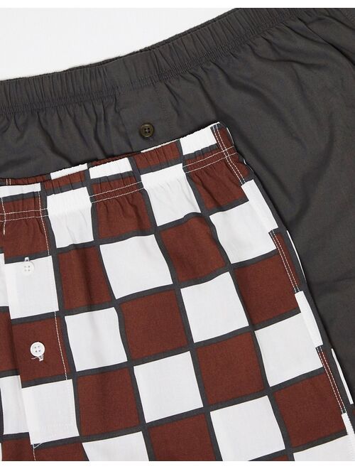 ASOS DESIGN 2 pack woven boxers in brown checkerboard