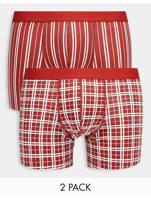 ASOS DESIGN 2 pack jersey trunks in red plaid and stripe