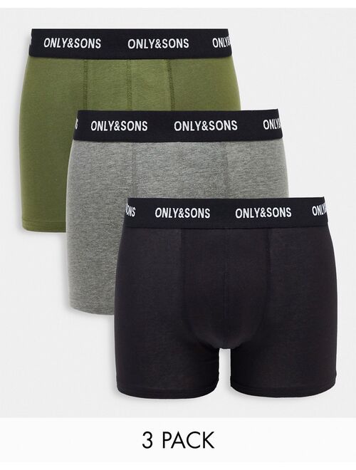Only & Sons 3 pack trunks with contrast waistband in black, khaki and gray