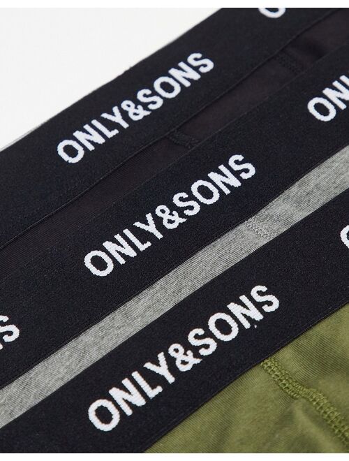 Only & Sons 3 pack trunks with contrast waistband in black, khaki and gray