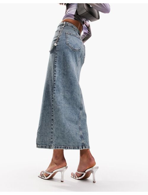 ASOS DESIGN denim midi skirt with split hem in midwash