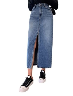 Women's Casual Denim Skirt High Waist Split Front Long Jean Skirts