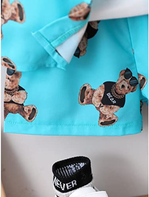 WDIRARA Toddler Boy's 2 Piece Outfit Cartoon Bear Print Short Sleeve Shirt and Short Set