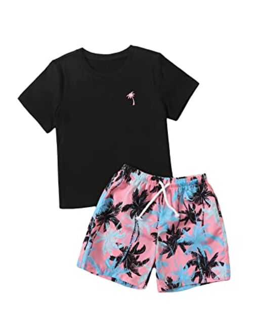 WDIRARA Toddler Boy's 2 Piece Outfit Tropical Print Short Sleeve Tee and Drawstring Shorts Set