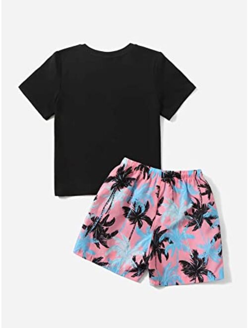 WDIRARA Toddler Boy's 2 Piece Outfit Tropical Print Short Sleeve Tee and Drawstring Shorts Set