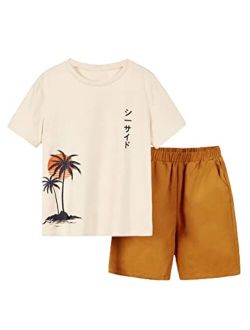 WDIRARA Boy's 2 Piece Outfit Letter Graphic Print Round Neck Short Sleeve Tee and Shorts Set
