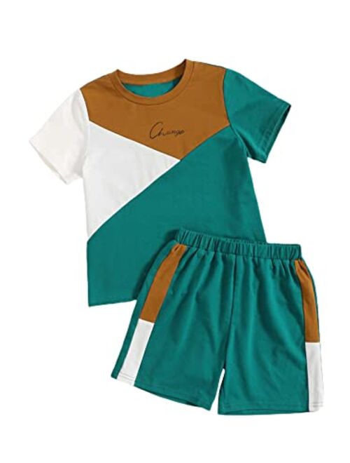 WDIRARA Toddler Boy's 2 Piece Outfits Color Block Letter Print Tee and Shorts Set