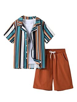 WDIRARA Boy's 2 Piece Set Striped Print T Shirt with Drawstring Waist Shorts