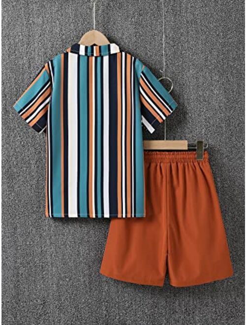 WDIRARA Boy's 2 Piece Set Striped Print T Shirt with Drawstring Waist Shorts