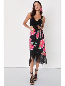 Memorable Vibes Black Floral Print Satin Fringe Midi Wrap Skirt
