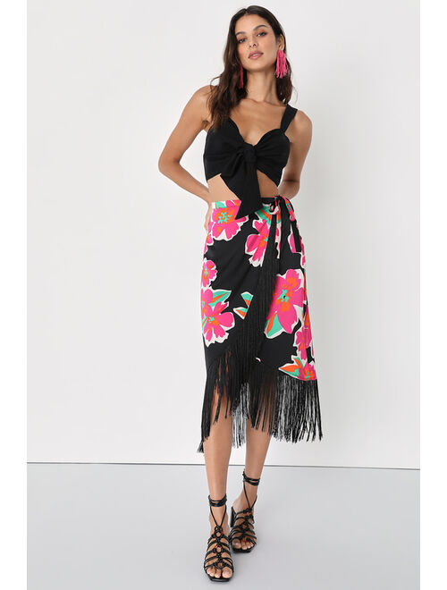Lulus Memorable Vibes Black Floral Print Satin Fringe Midi Wrap Skirt