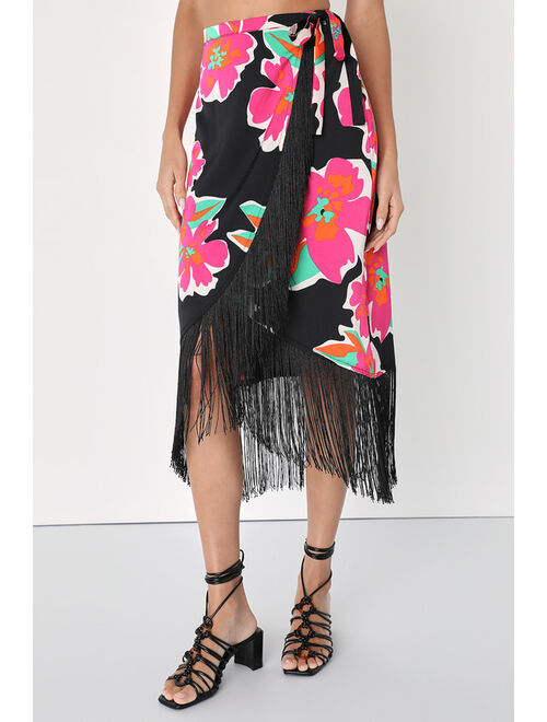 Lulus Memorable Vibes Black Floral Print Satin Fringe Midi Wrap Skirt