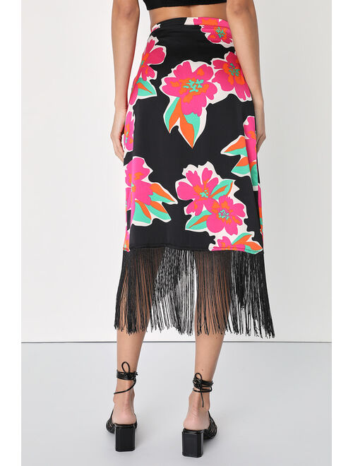 Lulus Memorable Vibes Black Floral Print Satin Fringe Midi Wrap Skirt
