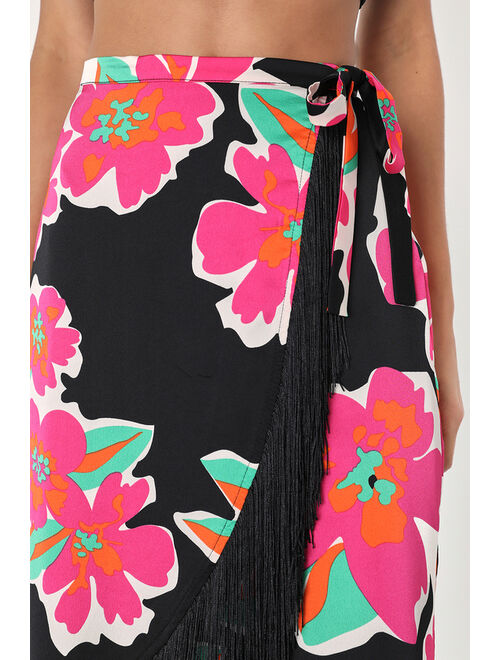 Lulus Memorable Vibes Black Floral Print Satin Fringe Midi Wrap Skirt