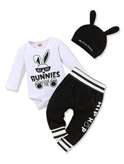 bilison My First Easter Outfit Infant Baby Boy Long Sleeve Bow Tie Romper Bunny Pants with Hat Easter Clothes Sets