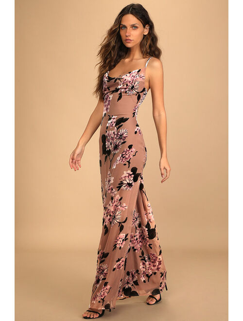 Lulus Romance in the Making Mauve Floral Print Velvet Maxi Dress