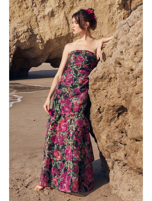 Lulus Fleur of Dreams Green and Pink Floral Print Organza Maxi Dress