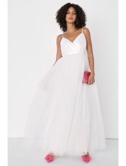 Spellbinding Beauty White Glitter Sleeveless Tulle Maxi Dress