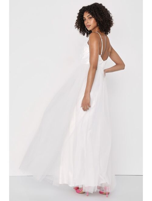 Lulus Spellbinding Beauty White Glitter Sleeveless Tulle Maxi Dress