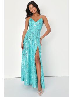 Glittering Presence Teal Green Sequin Lace-Up Maxi Dress