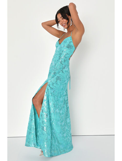 Lulus Glittering Presence Teal Green Sequin Lace-Up Maxi Dress