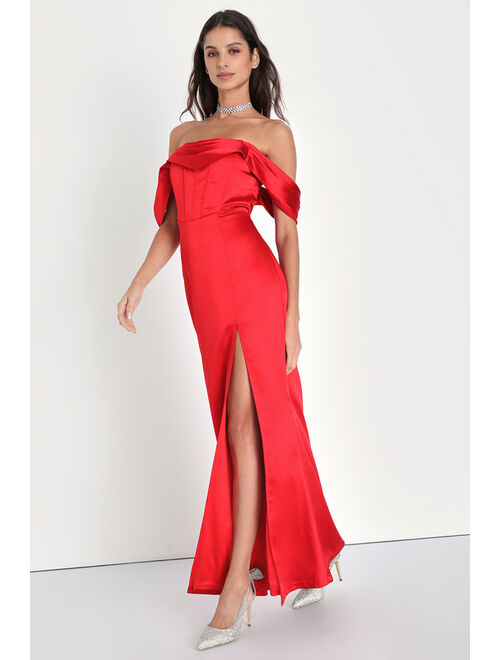 Lulus Exquisite Stunner Red Satin Off-The-Shoulder Bustier Maxi Dress