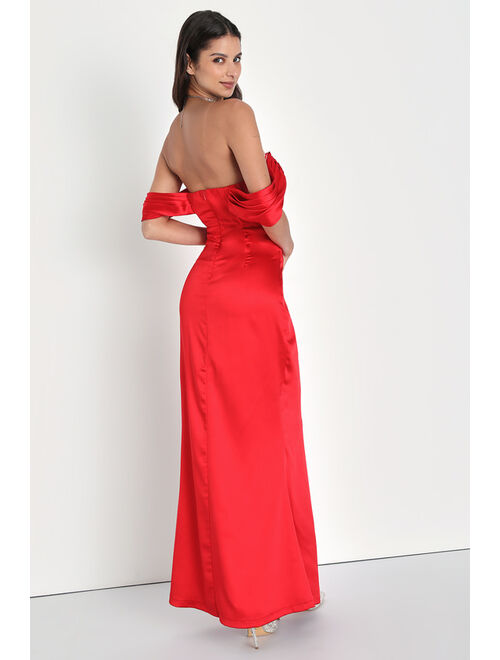 Lulus Exquisite Stunner Red Satin Off-The-Shoulder Bustier Maxi Dress
