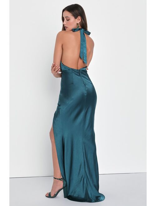 Lulus Start of Forever Emerald Satin Halter Mermaid Maxi Dress