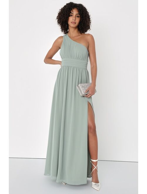 Lulus Graciously Gorgeous Sage Brush One-Shoulder Cutout Maxi Dress
