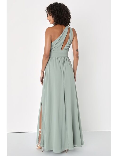 Lulus Graciously Gorgeous Sage Brush One-Shoulder Cutout Maxi Dress