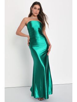 Good Luxe Charm Green Satin Rhinestone Strapless Maxi Dress