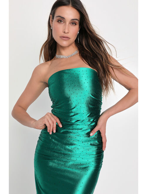 Lulus Good Luxe Charm Green Satin Rhinestone Strapless Maxi Dress